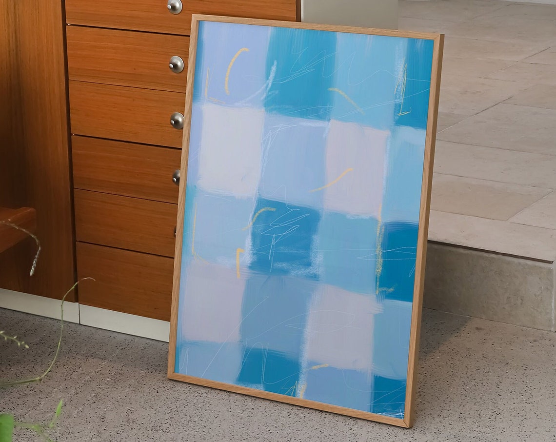 Blue Checkered Art Print Geometric Poster Gallery Wall Art Trendy Blue Print Modern Home Decor Minimal Prints Checkerboard Wall Art