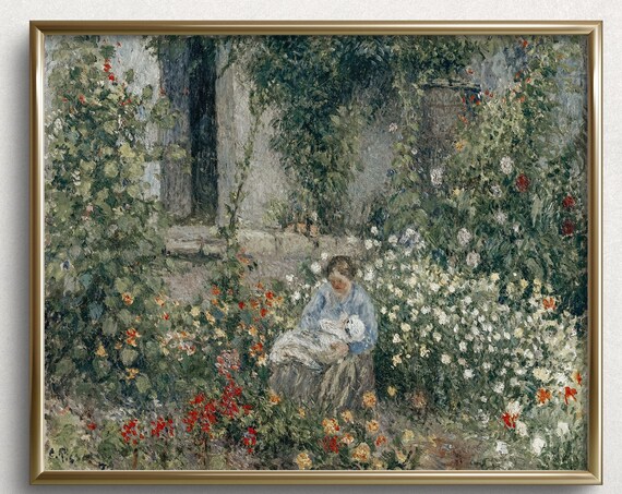 Mother and Child in Blooming Cottage Garden Impressionist Flower Painting Poster