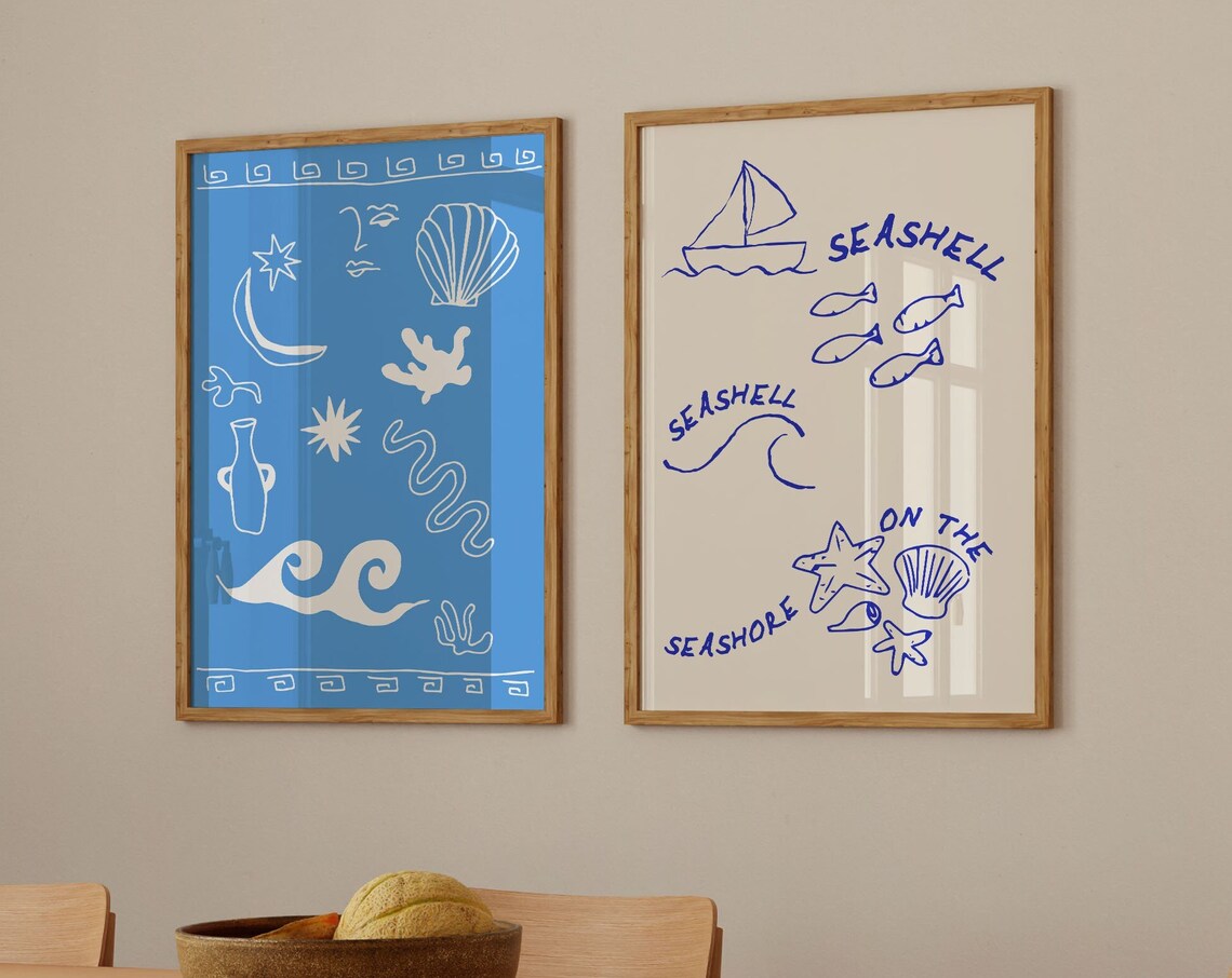 Seashell On The Seashore Blue Coastal Gallery Wall Decor Poster Set - Image 4