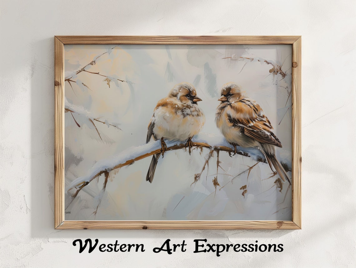 Two Sparrows on a Snowy Branch Winter Bird Watercolor Art Poster