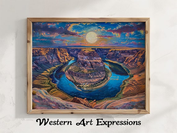 Horseshoe Bend Moon Oil Painting Print Rustic Decor Landscape Wall Art
