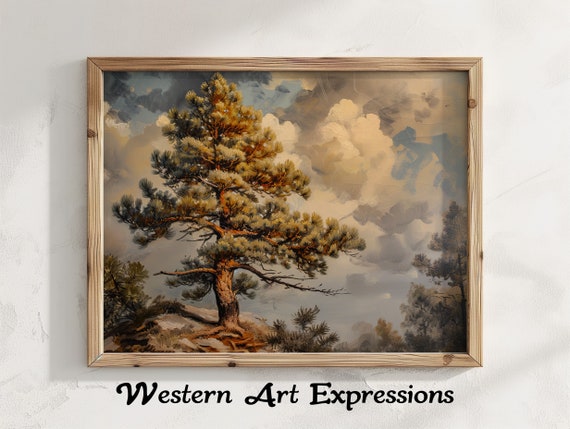 White Pine Gray Sky Vintage Moody Print Rustic Tree Landscape Wall Art Nature Scene Canvas Warm Tones Forest