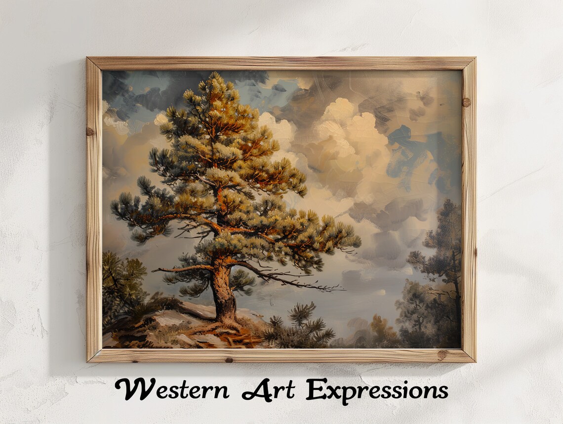 Lone Pine Tree On Rocky Hill Moody Sky Vintage Landscape Poster