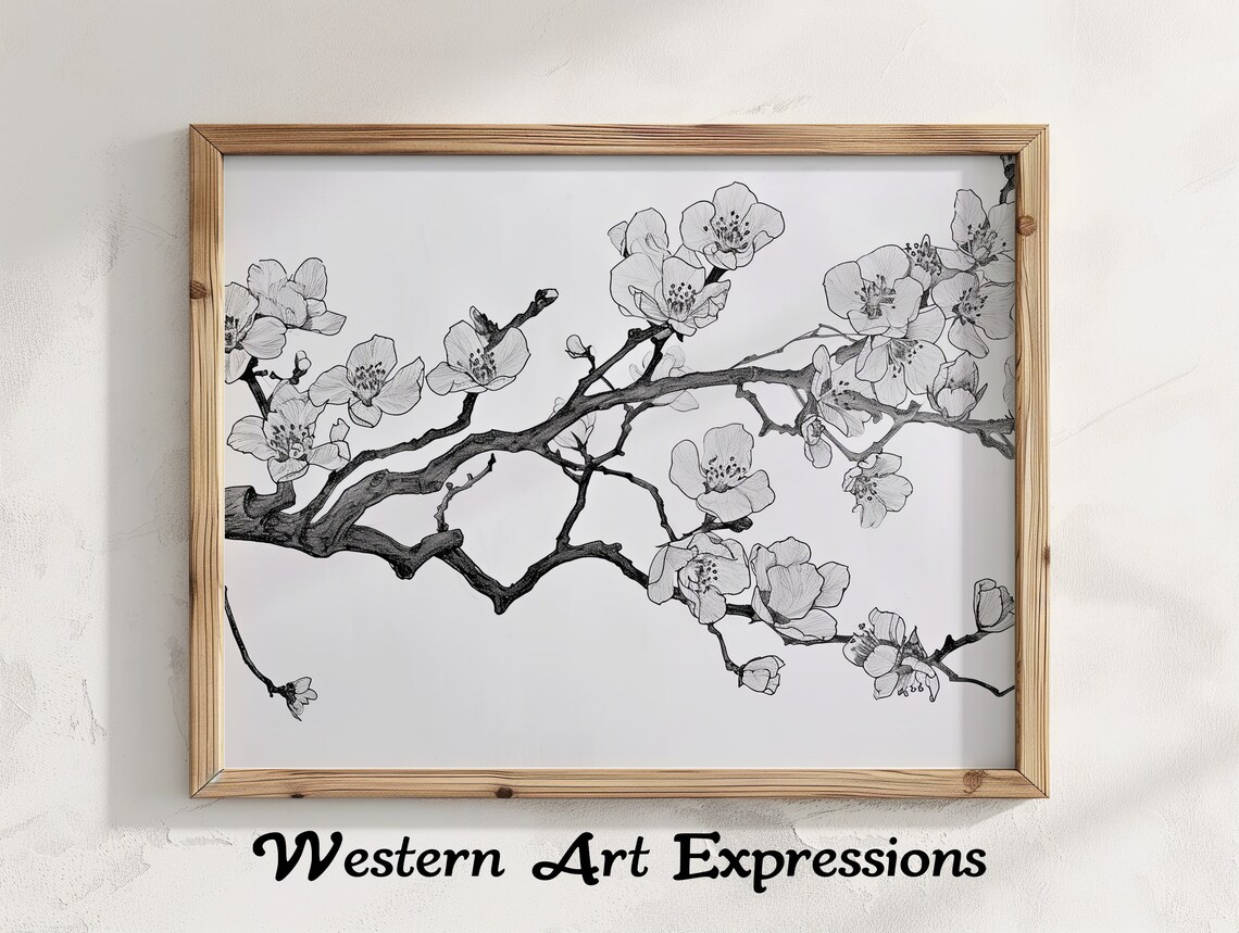 Baobabtree Branch Ink Drawing Botanical Wall Art Print Black And White Floral Illustration Cherry Blossom Artwork