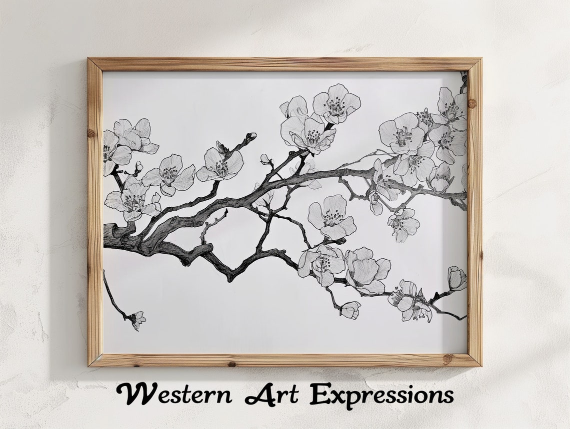 Cherry Blossom Branch Black Ink Floral Sketch Botanical Art Poster
