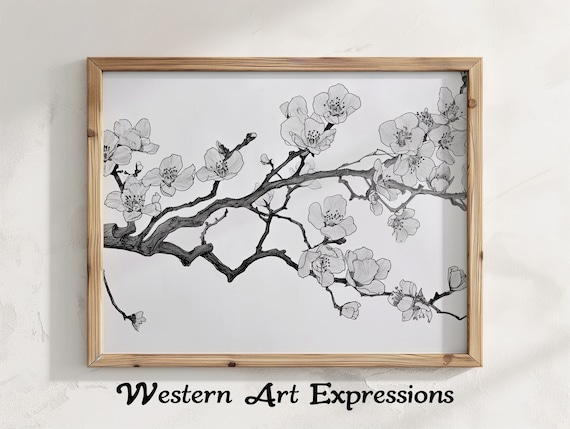 Cherry Blossom Branch Black Ink Floral Sketch Botanical Art Poster
