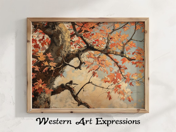 Red Maple Tree with Autumn Leaves Vintage Rustic Landscape Poster