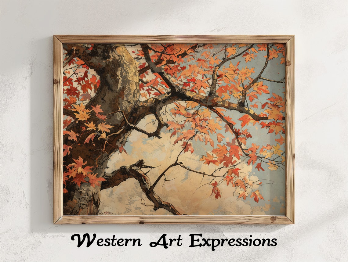 Red Maple Tree with Autumn Leaves Vintage Rustic Landscape Poster