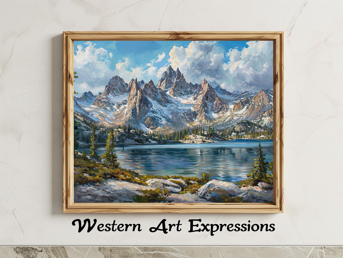 Sawtooth Mountains Idaho Alpine Lake Snowy Peaks Oil Painting Poster