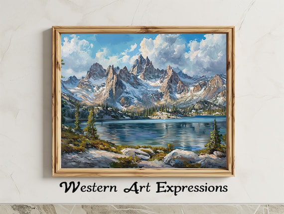 Sawtooth Mountains Idaho Alpine Lake Snowy Peaks Oil Painting Poster