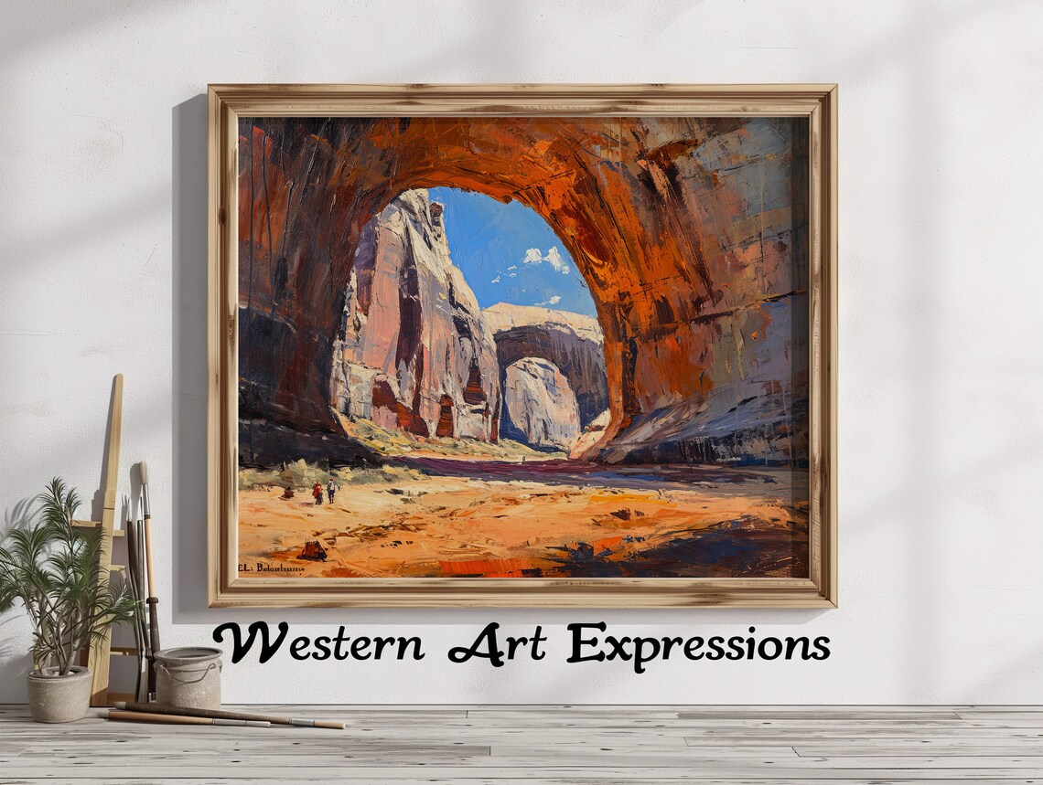 Desert Canyon Natural Arch With Hikers Oil Painting Rustic Poster