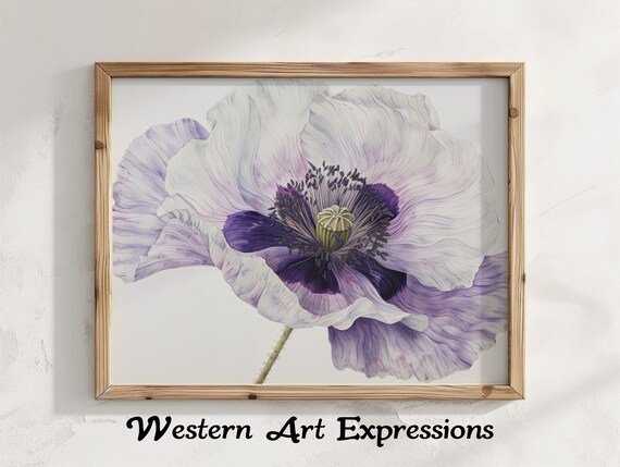 Poppy Flower Watercolor Illustration Large Purple Wall Art Botanical Floral Home Decor Print