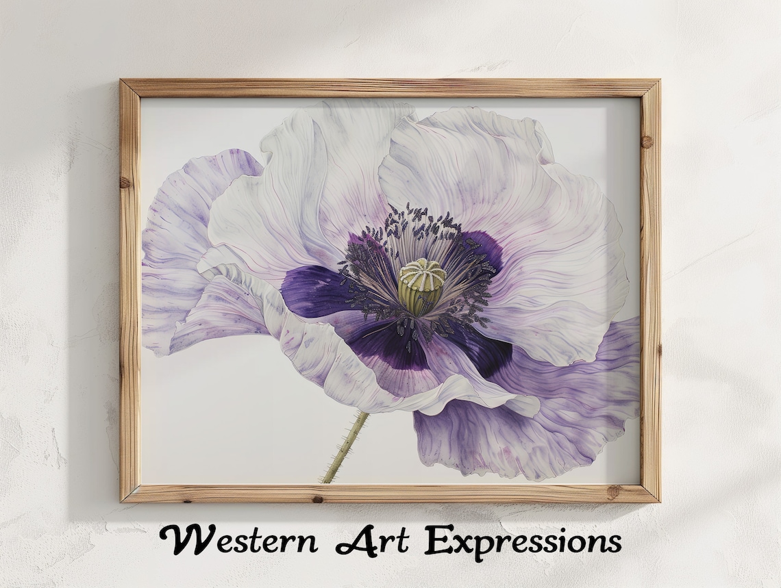 Large Purple and White Poppy Flower Watercolor Botanical Poster