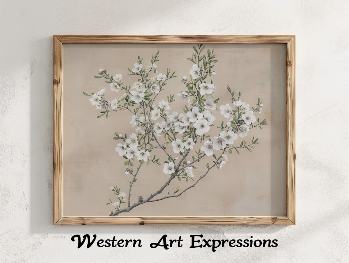 White Blossom Branch On Beige Vintage Botanical Illustration Poster
