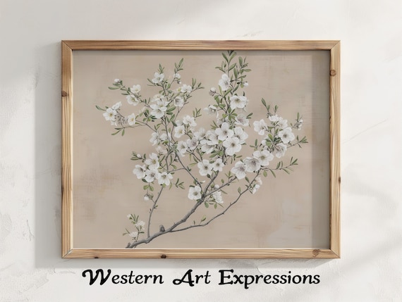 Branch With White Flowers Botanical Wall Art Print Blossoms Illustration Floral Home Decor Nature Inspired Living Room
