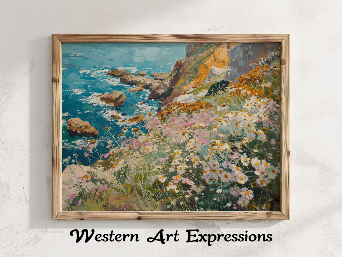Coastal Cliffs With Wildflowers Seascape Impressionist Oil Painting Poster