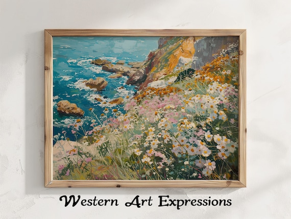 Coastal Cliffs With Wildflowers Seascape Impressionist Oil Painting Poster