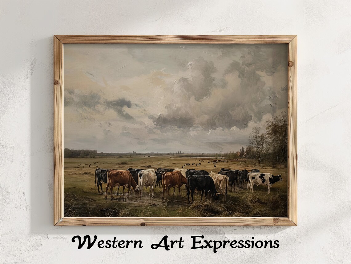 Cattle Grazing in a Golden Pasture Vintage Farmhouse Art Poster