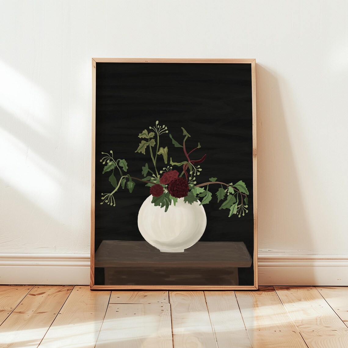 Dark Floral Bouquet White Vase Burgundy Moody Still Life Poster