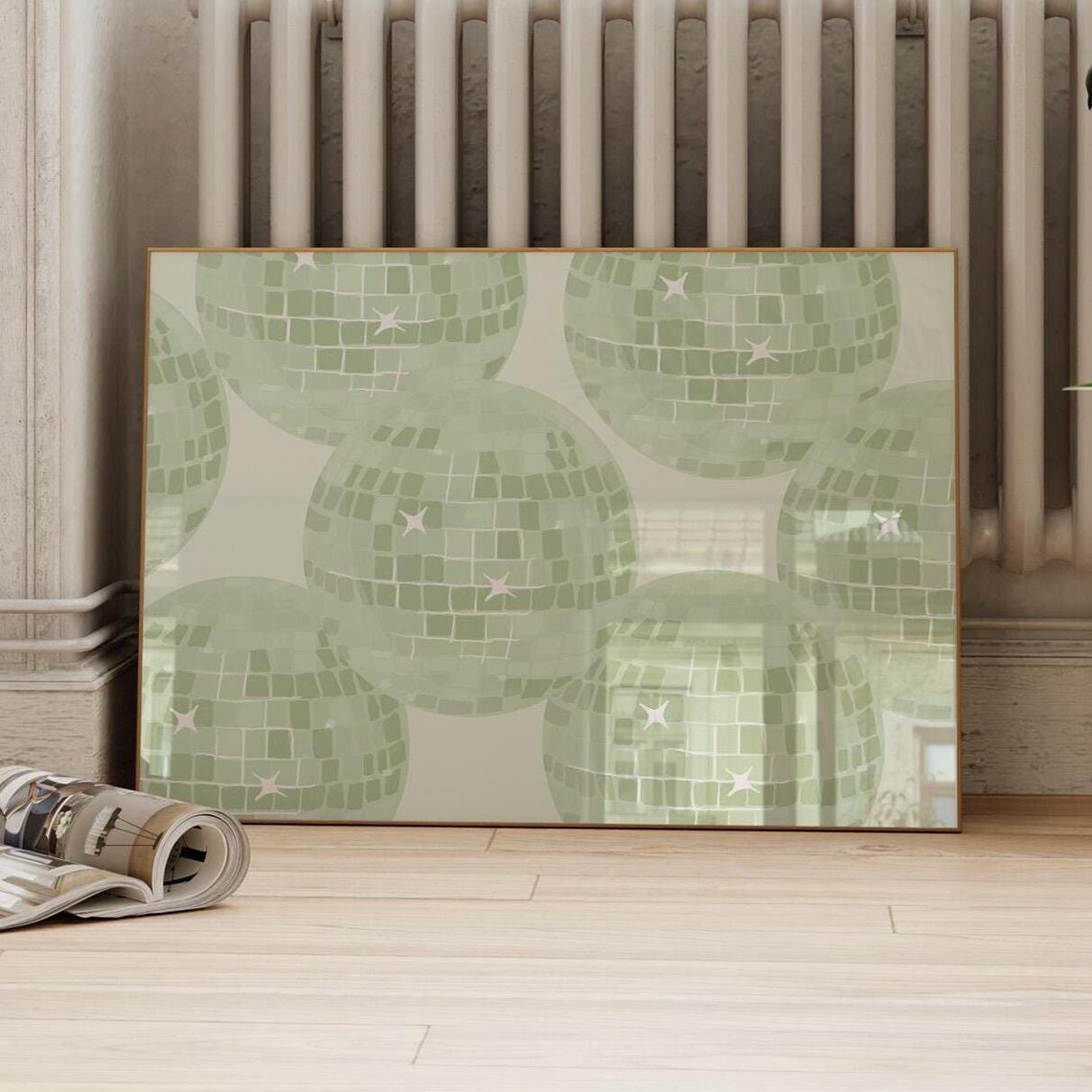 Sage Green Disco Ball Art Print, Preppy Dorm