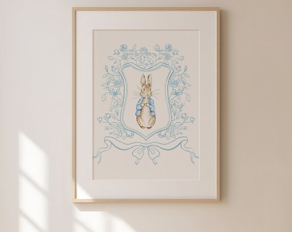 Vintage Storybook Bunny in Blue Floral Crest Nursery Art Poster