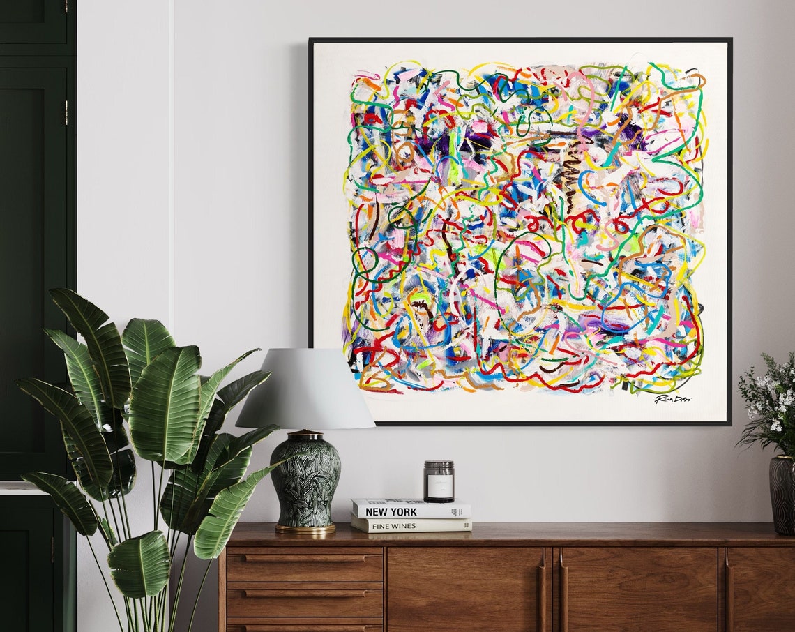 Dense Multicolor Scribble Lines Over White Modern Abstract Poster - Image 4