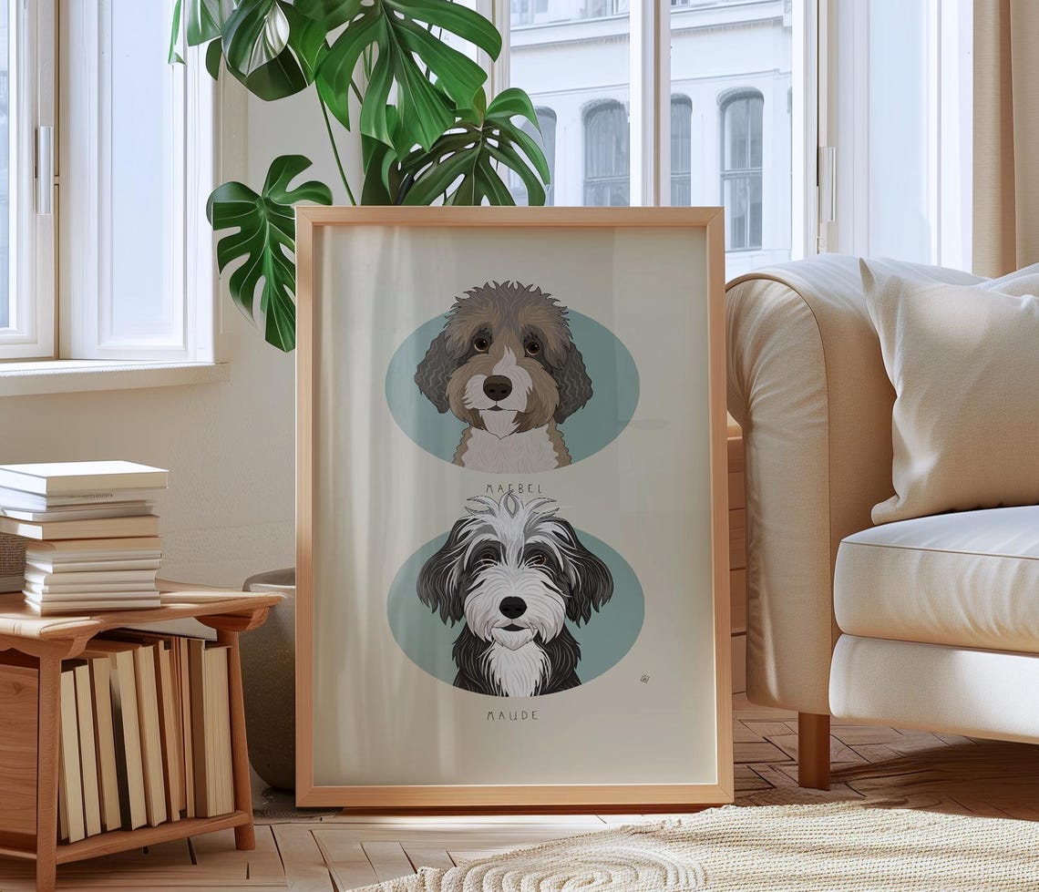 Marcus and Stella Named Two Dog Portrait Custom Illustration Poster - Image 3