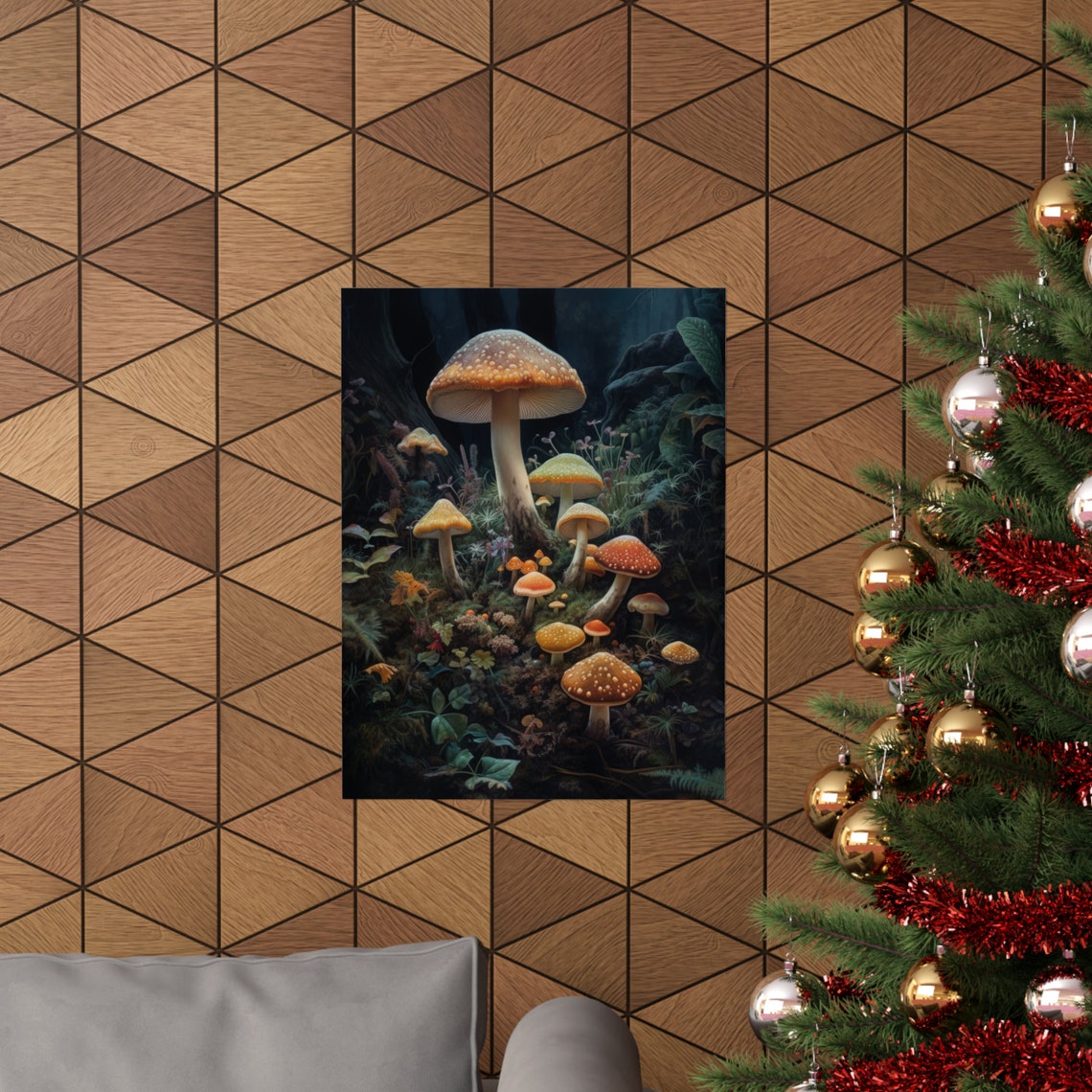 Towering Pale Mushroom With Glowing Rim Among Red Fly Agaric Poster - Image 3