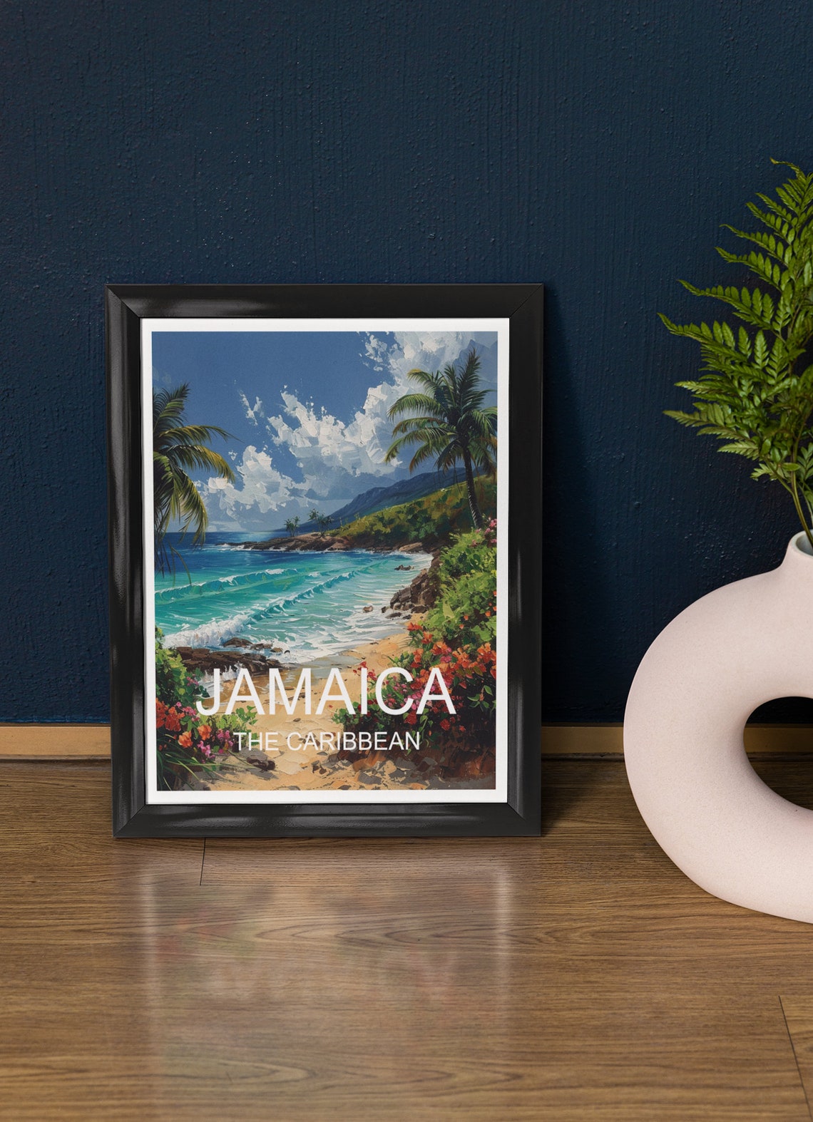 Jamaica Caribbean Beach Cove Hibiscus Palm Trees Turquoise Poster