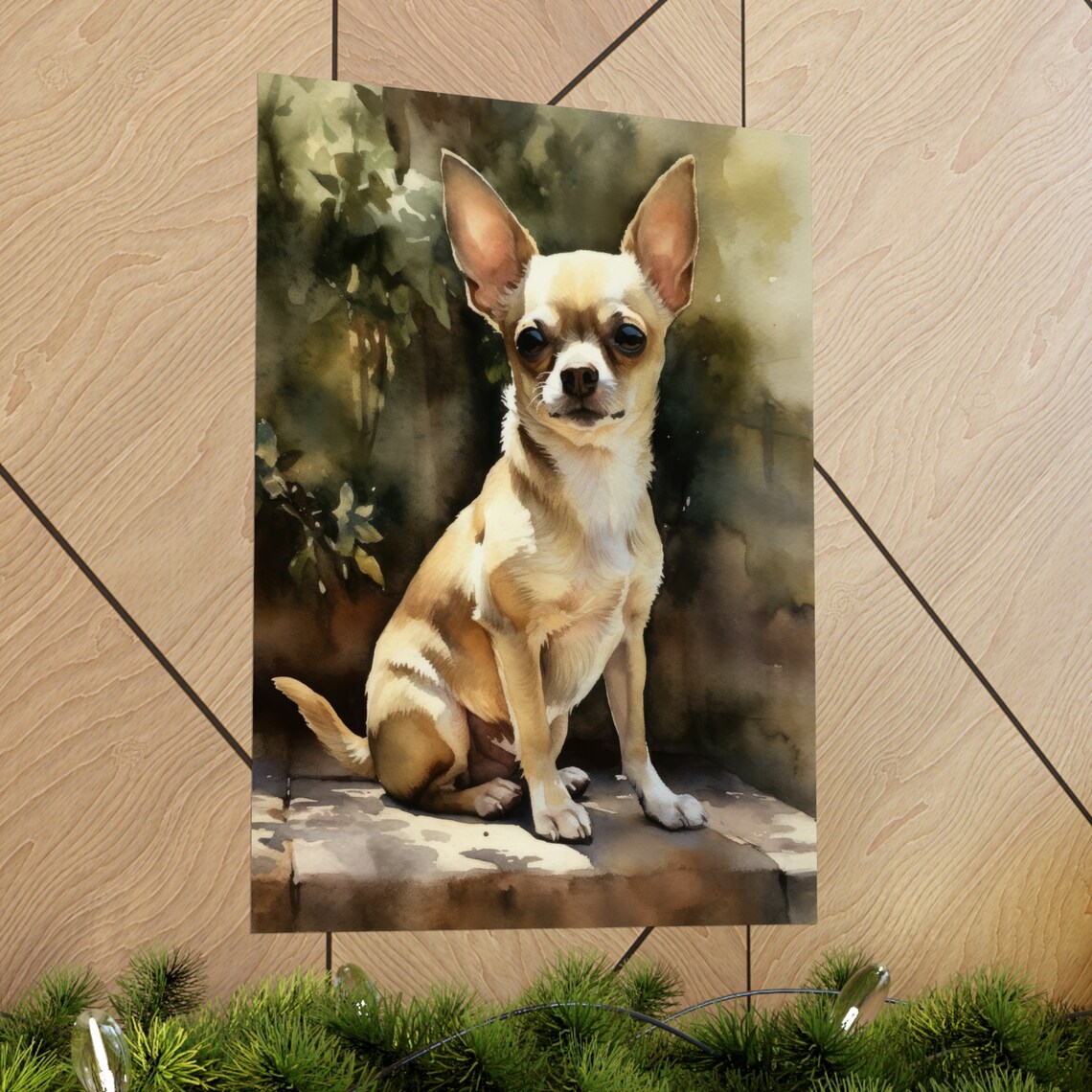 Chihuahua Dog Sitting In Sunlit Garden Watercolor Portrait Print - Image 2
