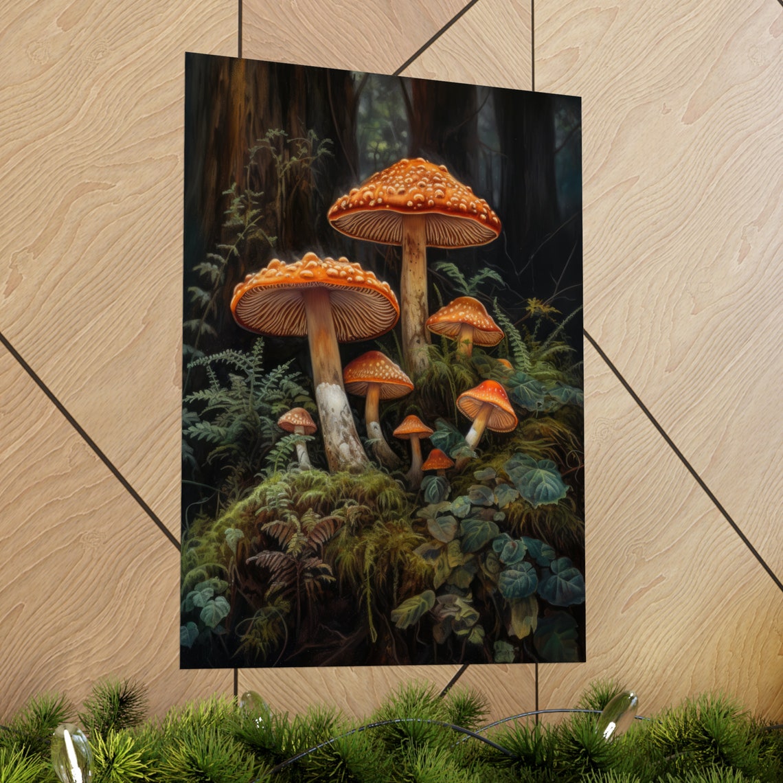 Bumpy Orange Shaggy Mushrooms Among Ferns Dark Woodland Art Poster - Image 2