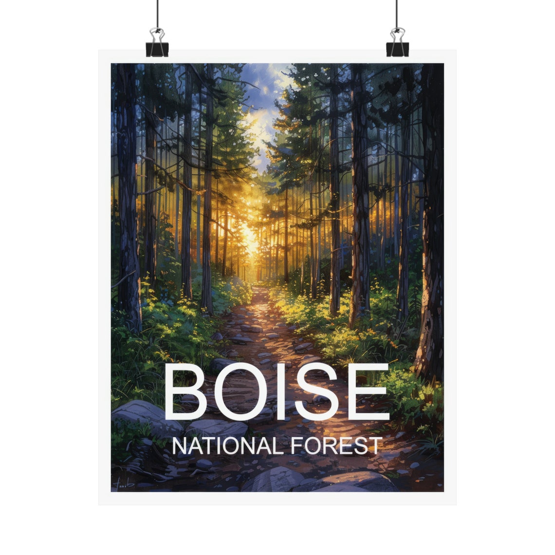 Boise National Forest Golden Sunset Trail Through Tall Pines Poster - Image 4