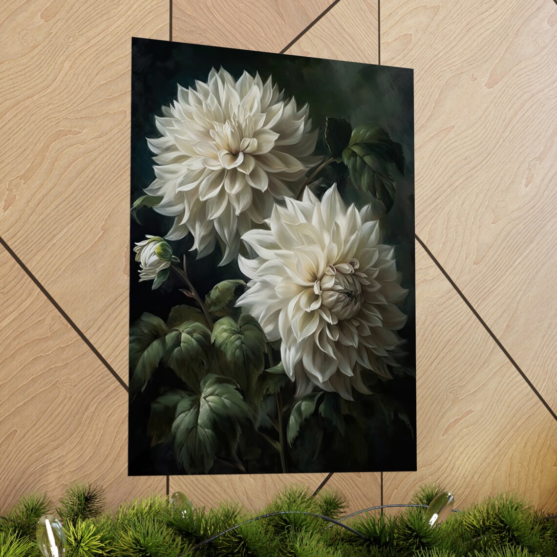 White Dahlias Dark Moody Botanical Oil Painting Floral Wall Art - Image 2