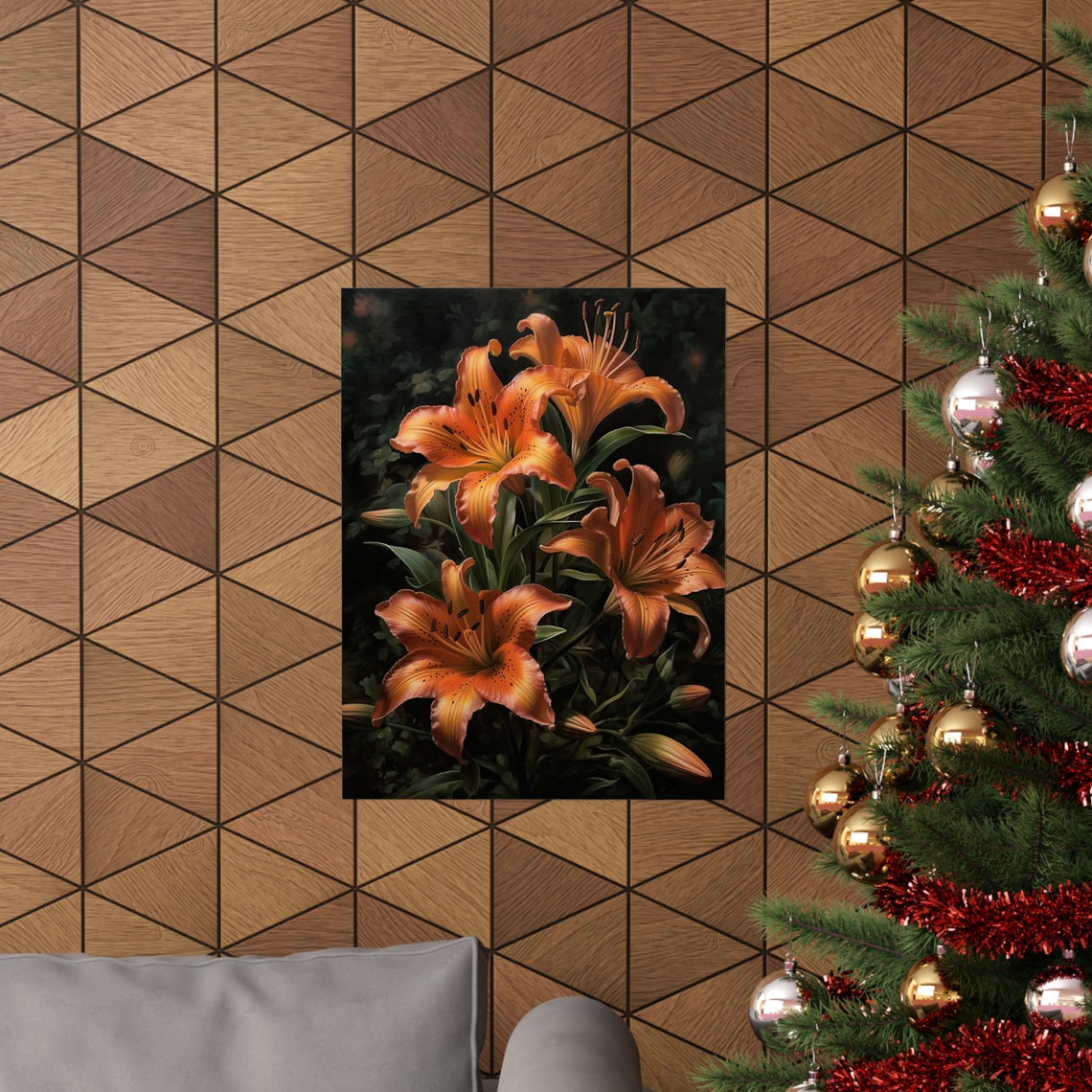Orange Tiger Lilies Clustered Blooms Dark Floral Wall Art Print - Image 3