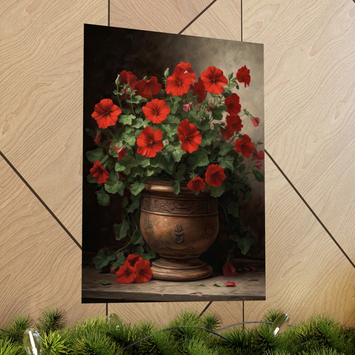 Red Petunias Copper Urn Dark Moody Floral Still Life Art Poster - Image 2