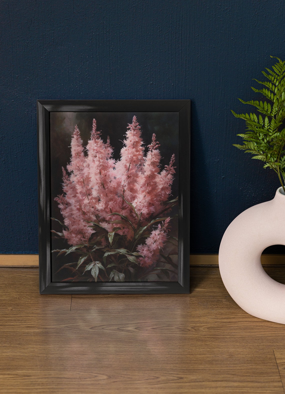 Pink Astilbe Soft Blush Plumes Dark Elegant Botanical Floral Poster