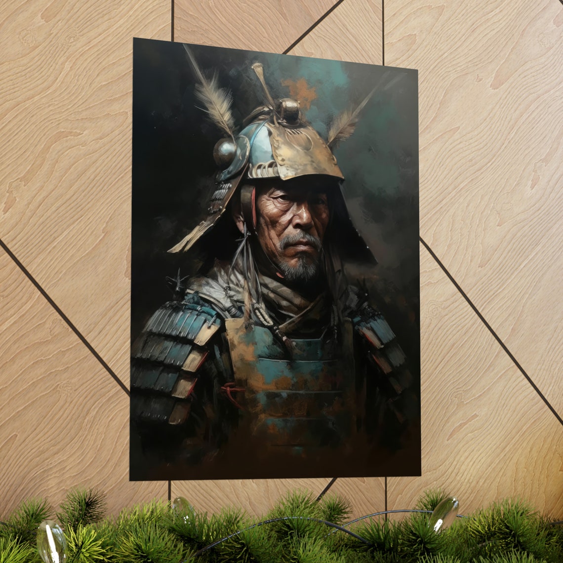 Elder Samurai General in Feathered Helmet Moody Oil Painting Art Print - Image 2