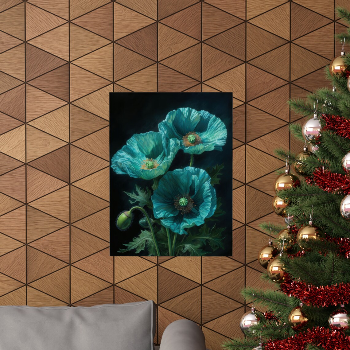 Turquoise Poppy Flowers Dark Background Trio Botanical Painting Poster - Image 3