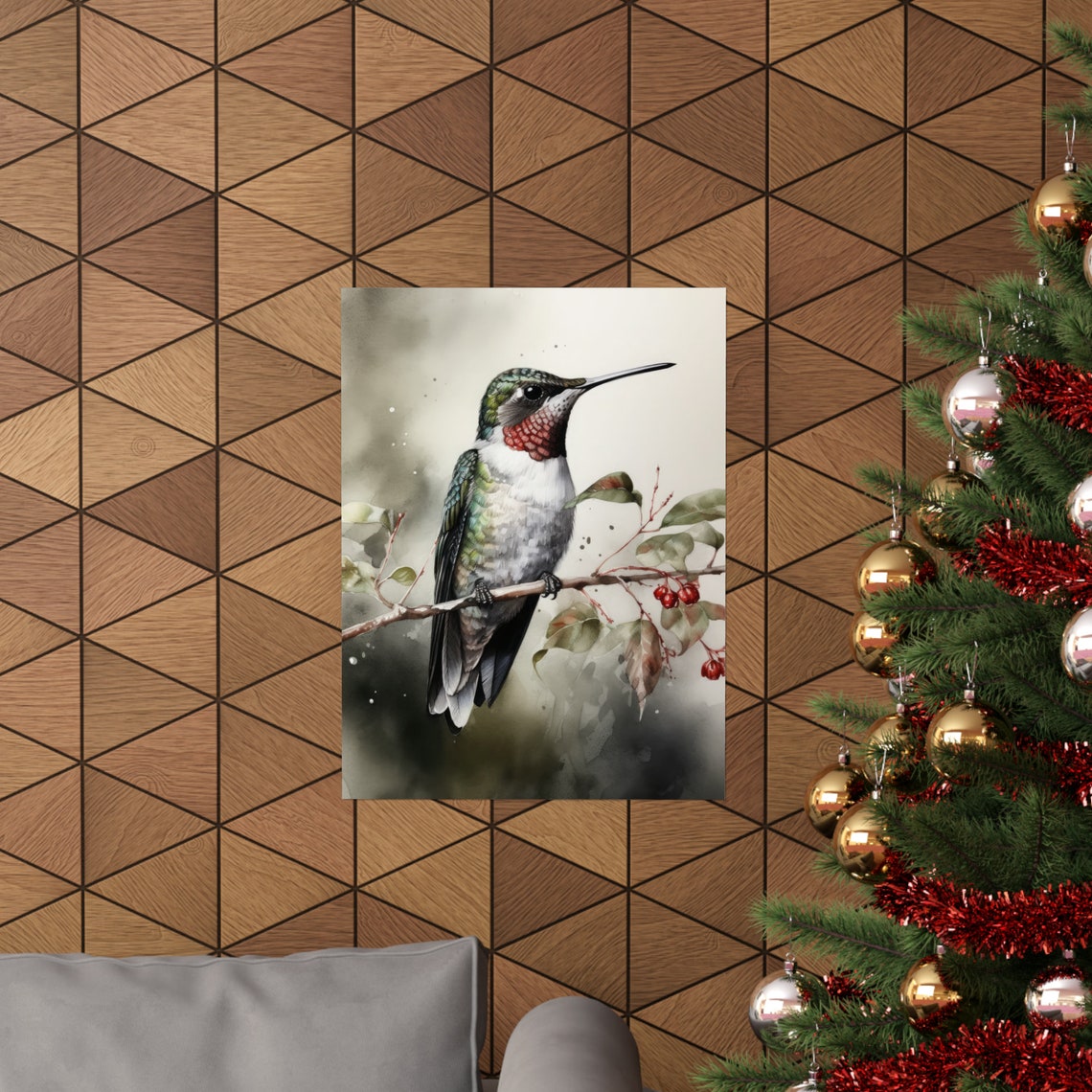 Ruby Throated Hummingbird Perched On Berry Branch Watercolor Poster - Image 3