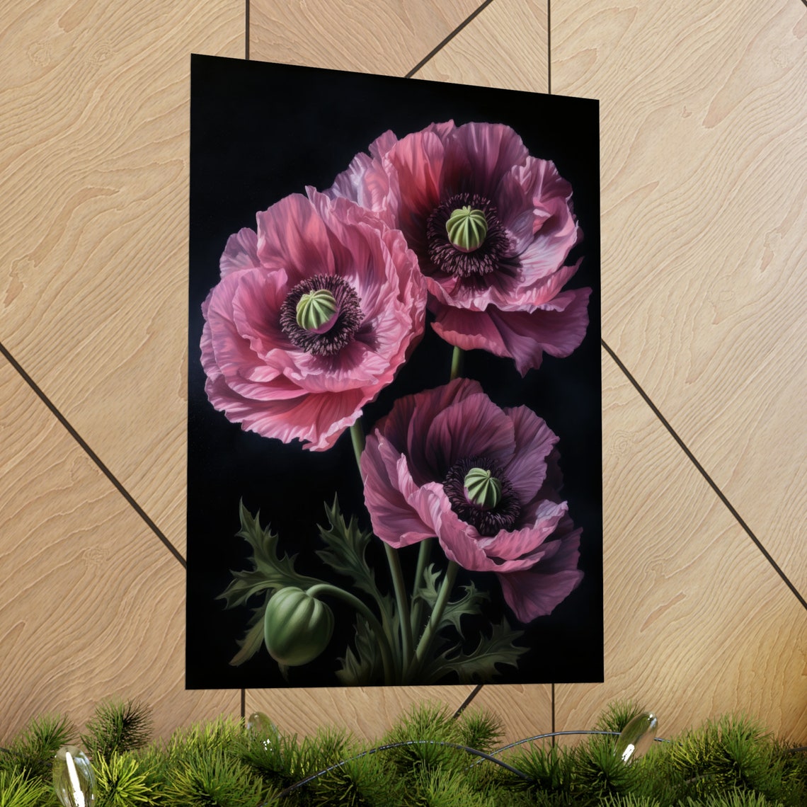 Oriental Poppy Pink Magenta Trio Dark Dramatic Floral Painting Poster - Image 2