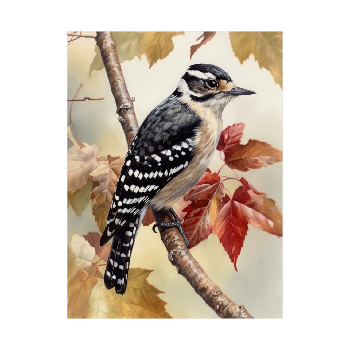 Downy Woodpecker Perched Autumn Leaves Bird Painting Fine Art Poster - Image 4