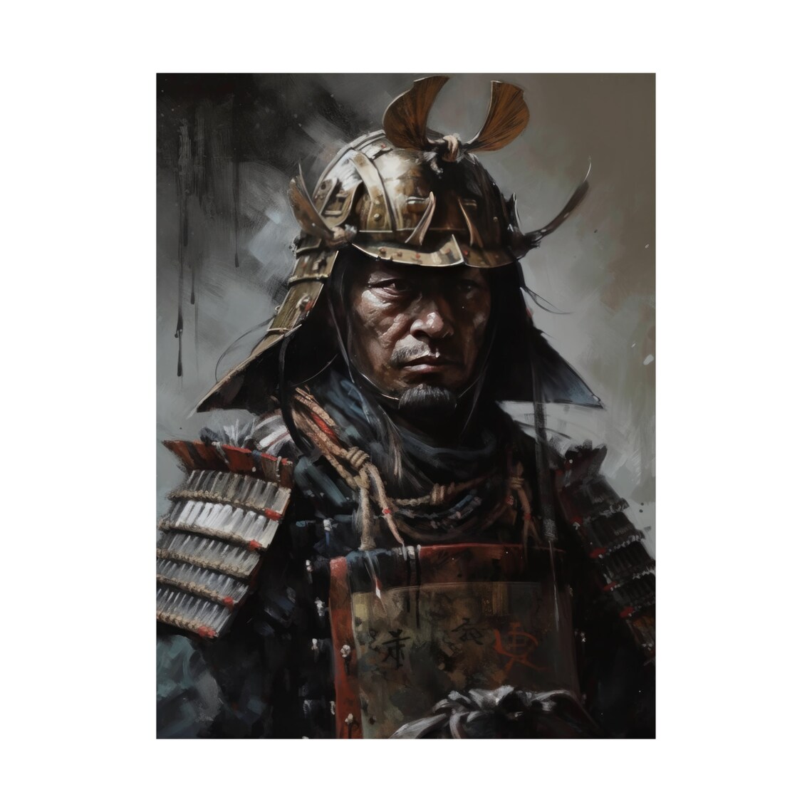 Samurai in Crescent Horned Helmet Dark Moody Oil Painting Art Print - Image 4