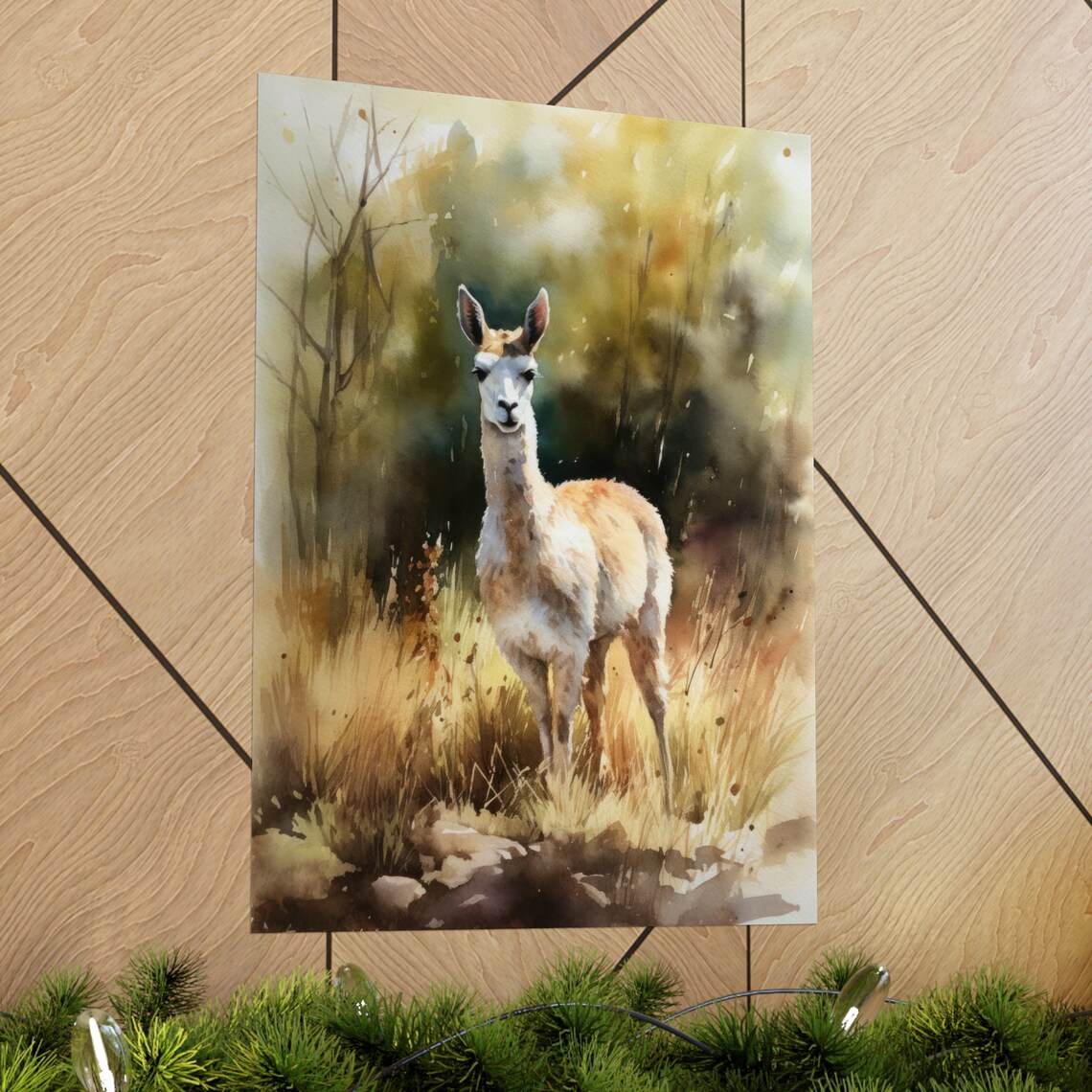 Young Llama Misty Morning Field Watercolor Cute Animal Art Print - Image 2