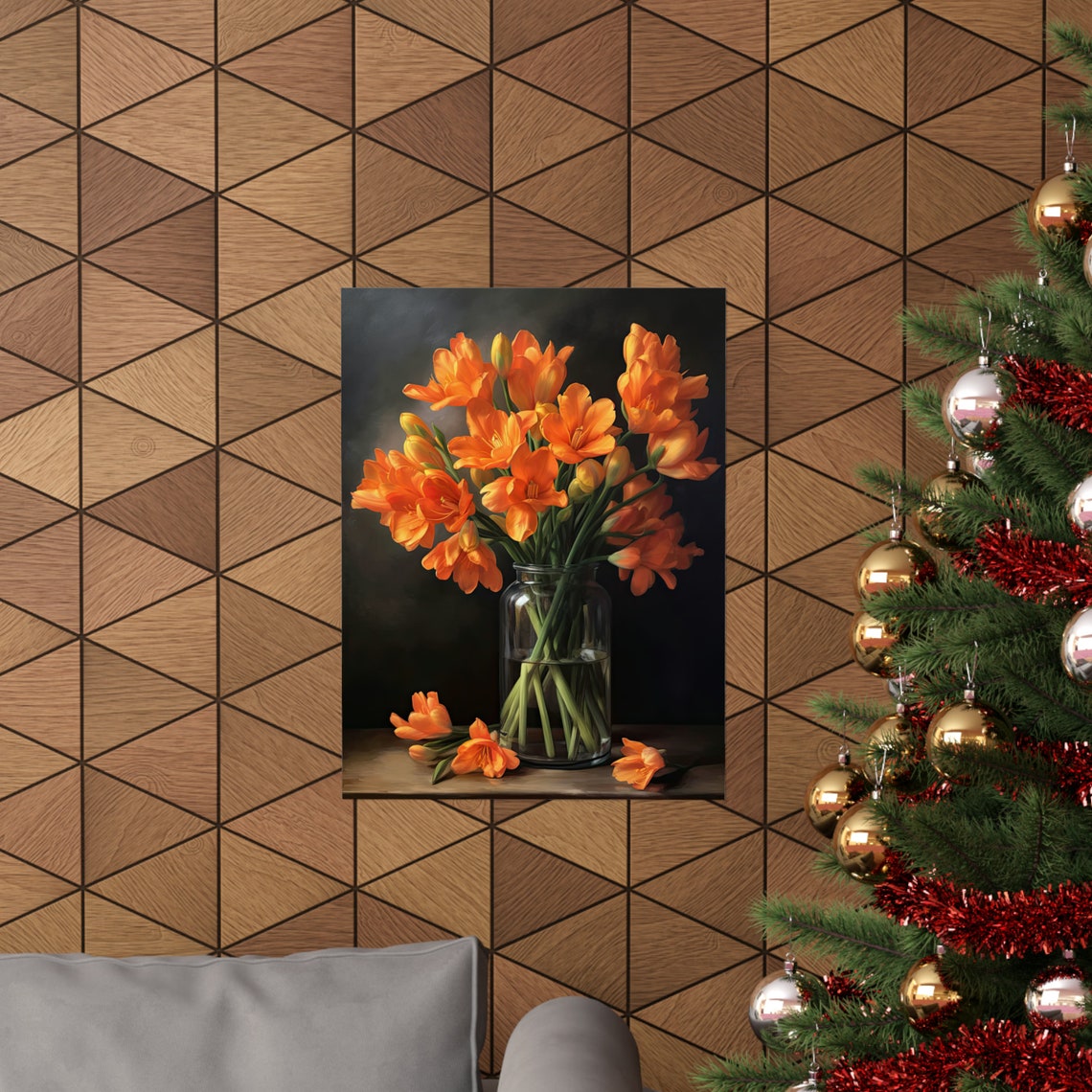 Orange Freesia Bouquet Glass Vase Dark Moody Still Life Poster - Image 3