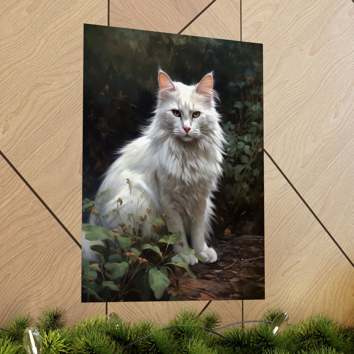 Turkish Angora White Long Haired Cat Green Eyes Garden Art Poster - Image 2