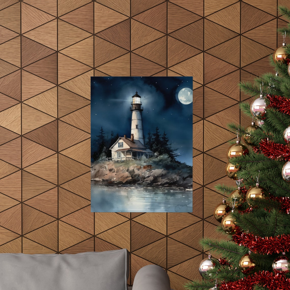 White Lighthouse Moonlit Calm Sea Pine Shore Watercolor Poster - Image 3