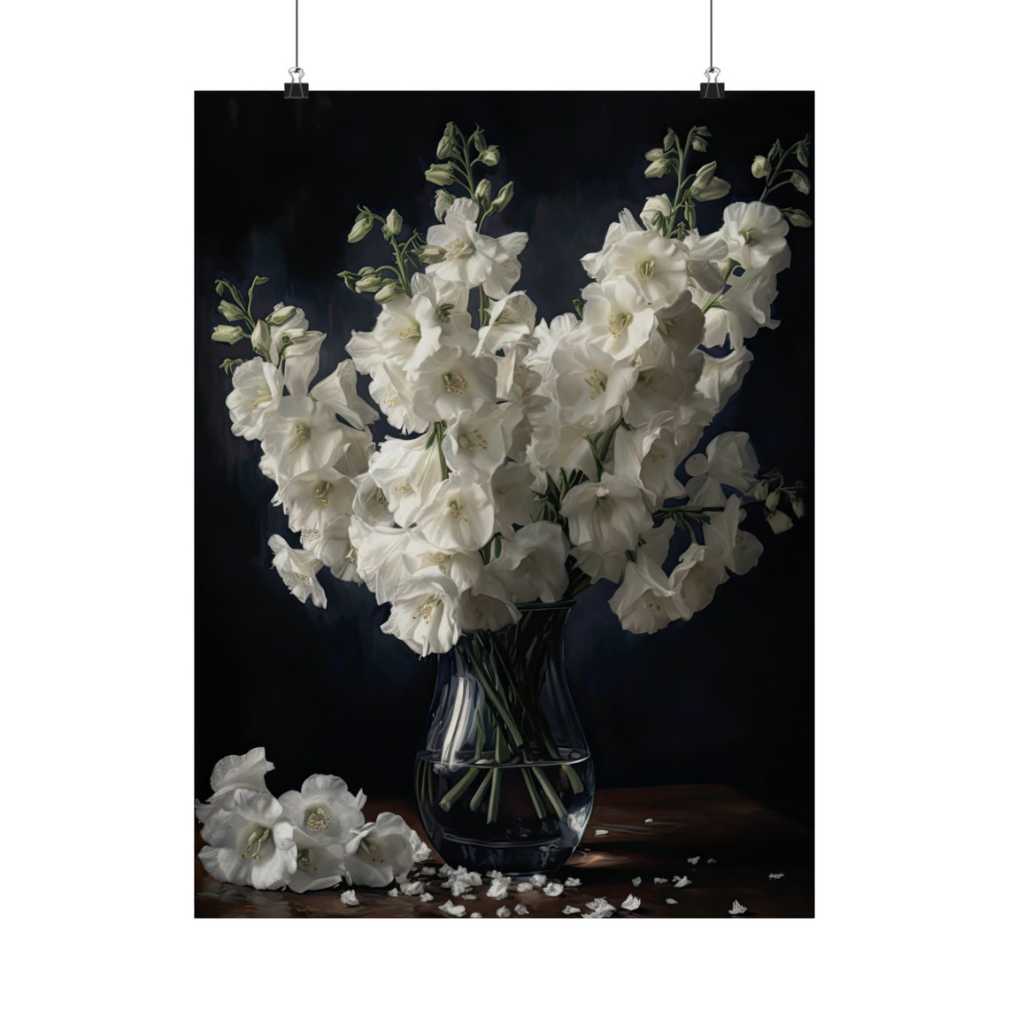 White Delphinium Blooms Glass Vase Dark Moody Still Life Poster - Image 5
