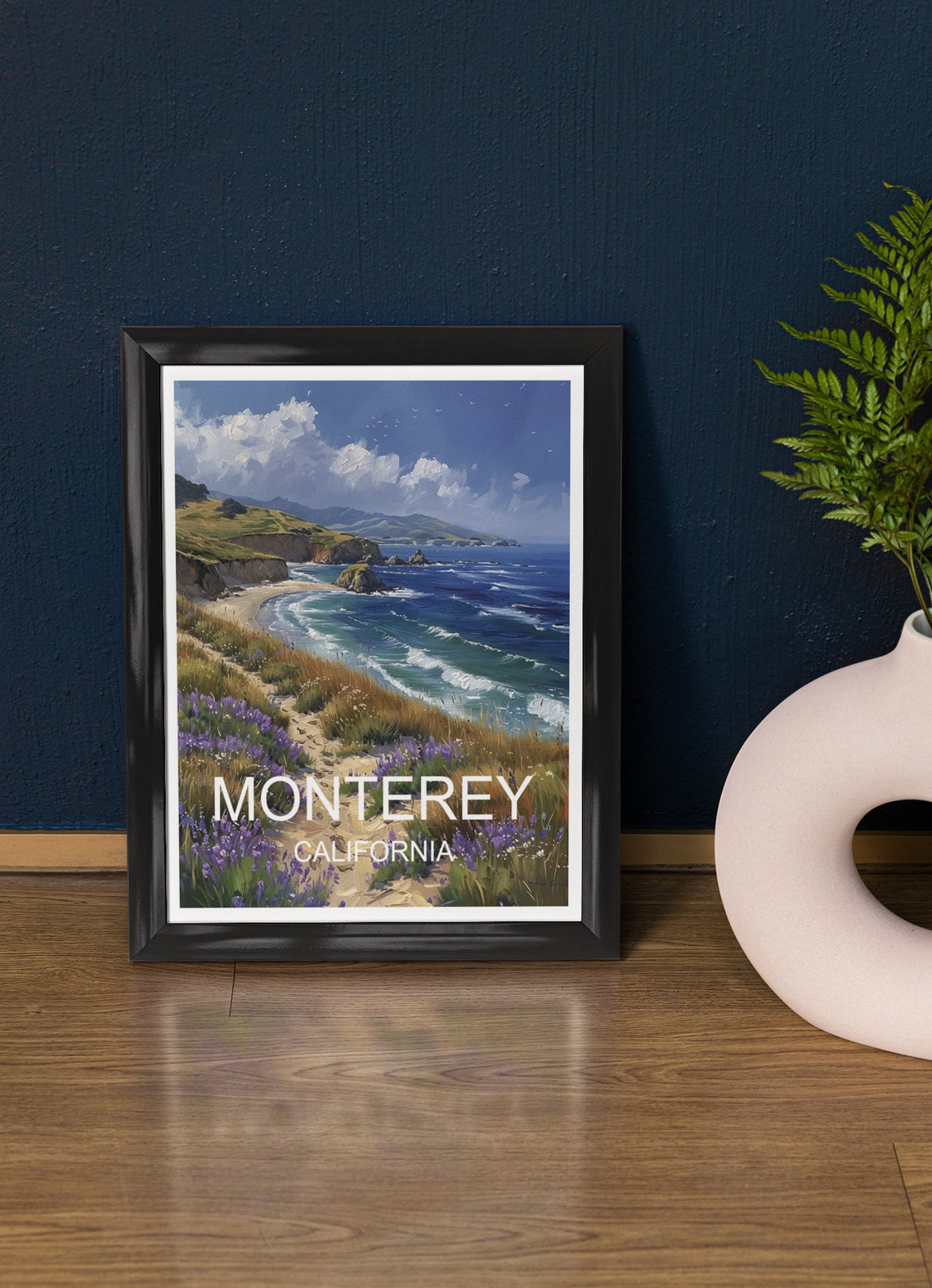 Monterey California Wildflower Bluff Coastal Waves Travel Poster