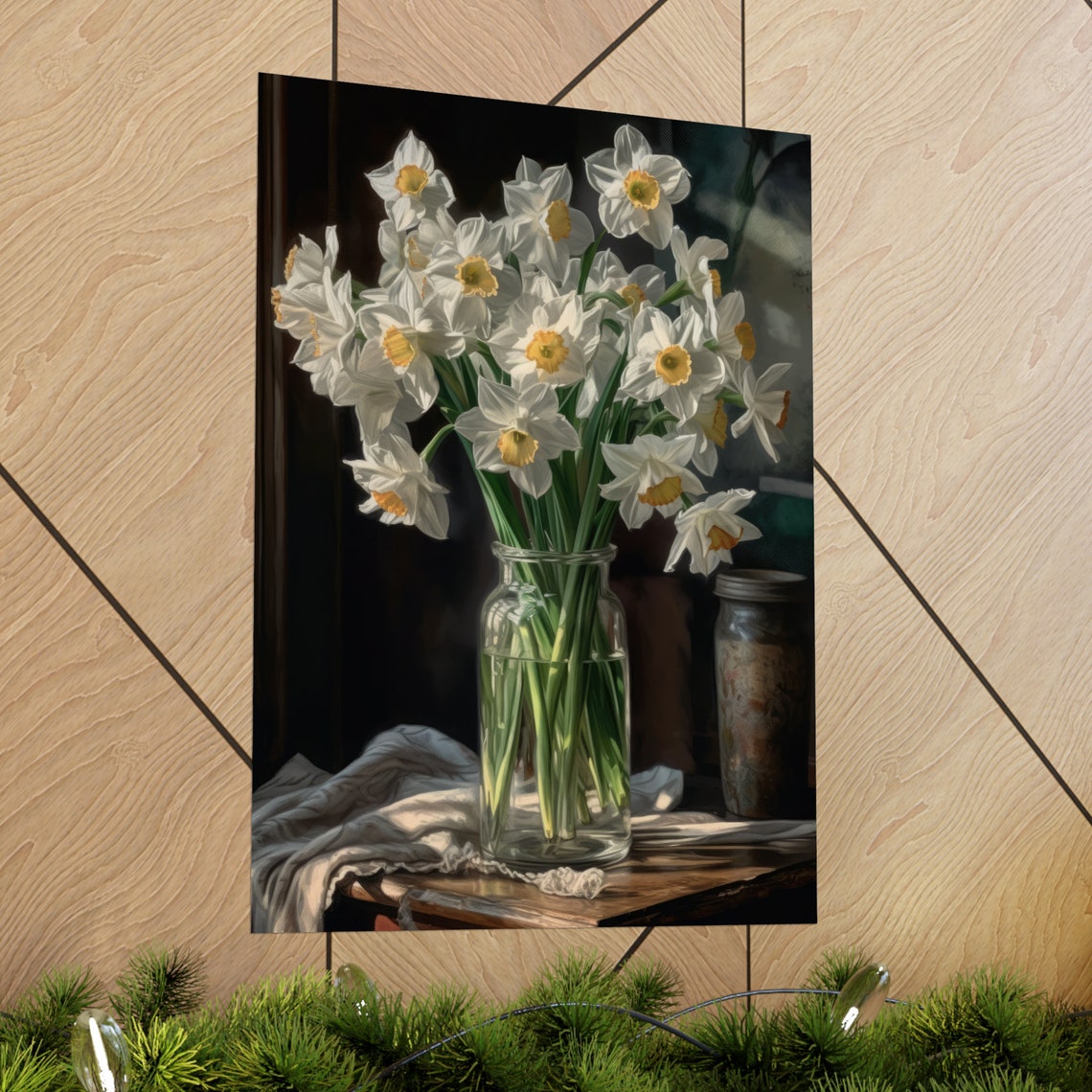 White Daffodil Stems Sunny Yellow Centers Mason Jar Still Life Poster - Image 2