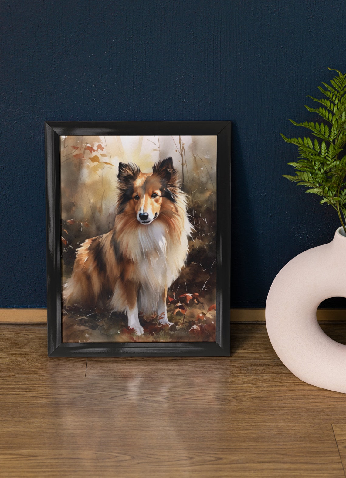 Shetland Sheepdog Dog Sitting in Sunlit Autumn Leaves Scene Poster